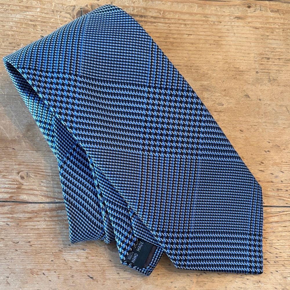 Handmade 100% Silk Blue and Black Plaid Men's Tie